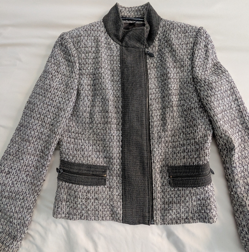 Linda Allard Ellen Tracy Tweed Jacket Blazer Wool Blend Brown Cream Zip Front Si - Picture 6 of 12
